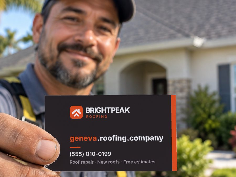 geneva.roofing.company on a roofer's business card
