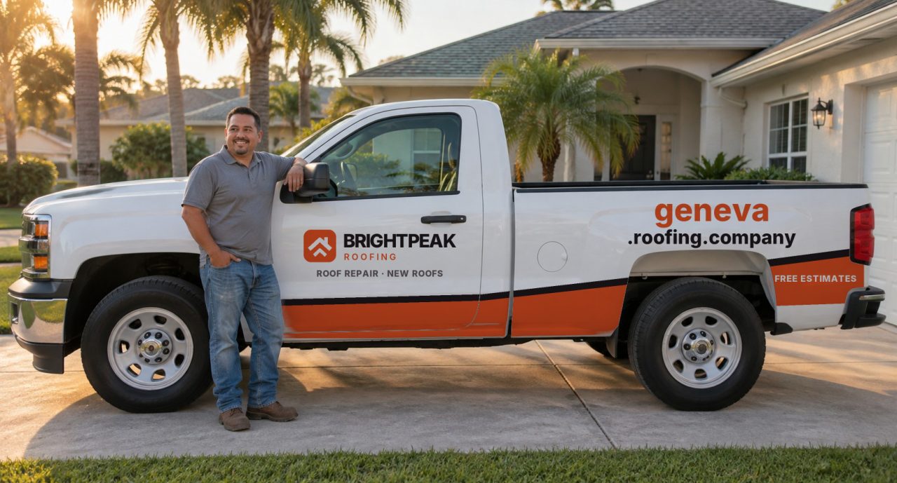 geneva.roofing.company painted on the side of a white work truck